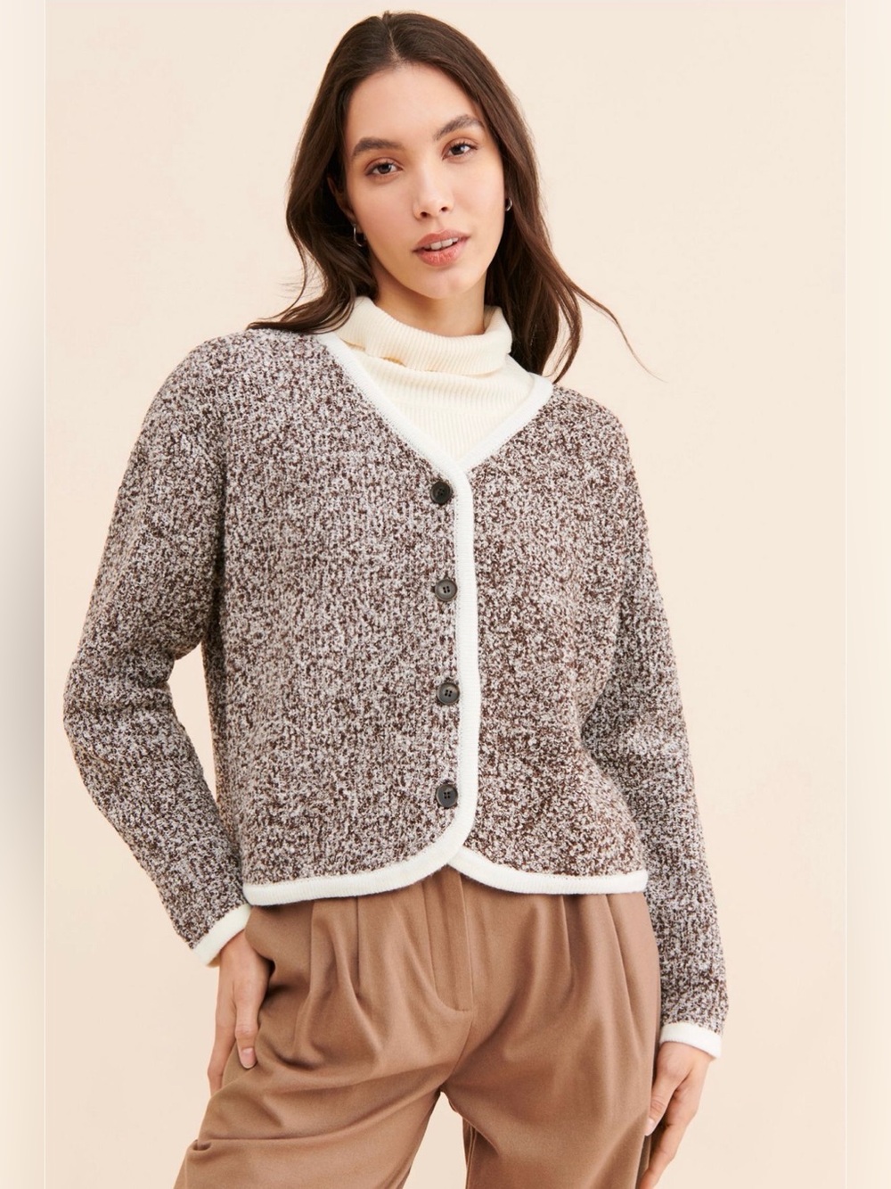 Anthropologie Flat White sweater Cozy Brown & Cream Speckled Button Cardigan - Picture 1 of 8